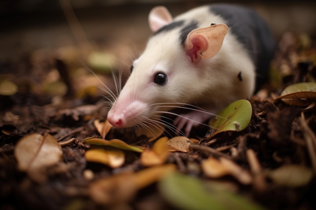 Opossum gräbt durch Laubstreu