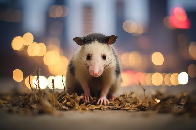 Opossum hockte sich in einer Nachtszene mit Stadtlichtern dahinter