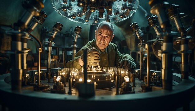 Foto oppenheimer arbeitet in einem labor, an dem ein wissenschaftler forscht, an details zur atombombe