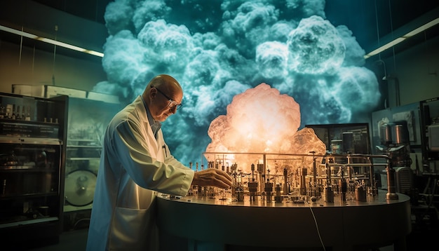 Foto oppenheimer está trabajando en los detalles de la bomba nuclear en un laboratorio que los científicos están investigando