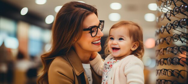 Foto Óptico ajustando gafas a una niña sonriente con la madre borrosa en la tienda espacio de copia para el texto