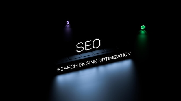 Optimización de motores de búsqueda de SEO texto brillante acrónimo concepto de SEO papel de pared 3D renderización