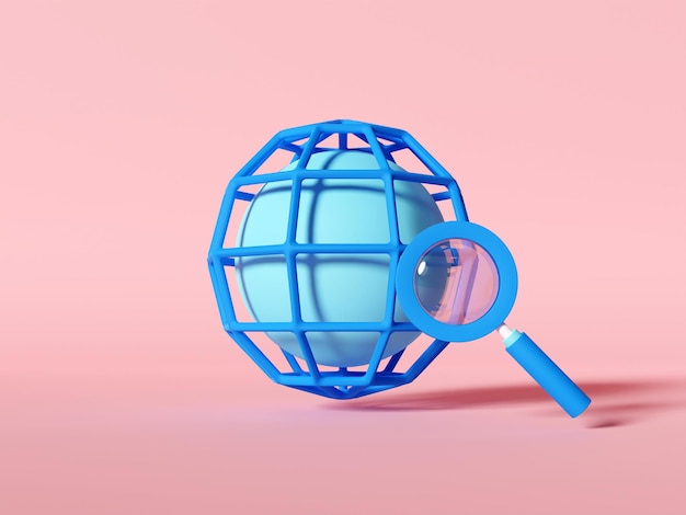 Optimización de motores de búsqueda de sitios web de ilustración 3D. Ilustración del mundo con icono de lupa