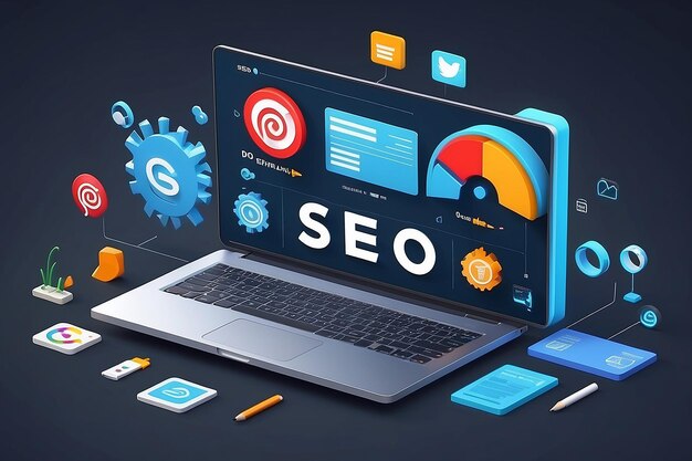 Optimización SEO 3D con barra de búsqueda para el marketing de sitios web de redes sociales en el concepto de portátil