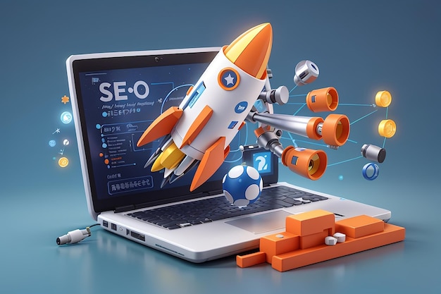 Foto optimización de seo 3d con cohete para el marketing de redes sociales interfaz de concepto para estrategia de análisis web y planificación de investigación en computadora portátil ilustración de icono vectorial de estrategia de seo 3d