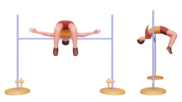 Option zwei der männlichen 3D-Leichtathletik, die Hochsprung auf weißem Hintergrund durchführt.