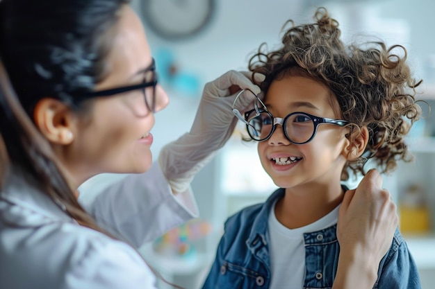 Optometra ajustando óculos a uma criança sorridente de cabelos encaracolados