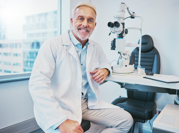 Optometrie-Gesundheitswesen und Porträt eines männlichen Optometristen, der in einer optischen Klinik an der Ausrüstung sitzt Vision Medical und Senior Man Eye Care Specialist mit einer Retinoskop-Maschine in einem Optikgeschäft