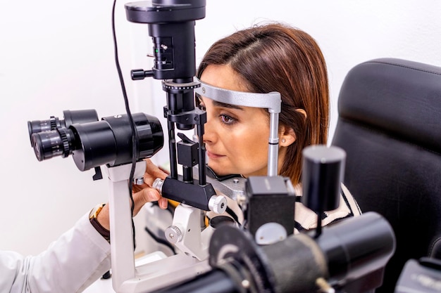 Optometrist überprüft das Sehvermögen eines jungen Patienten