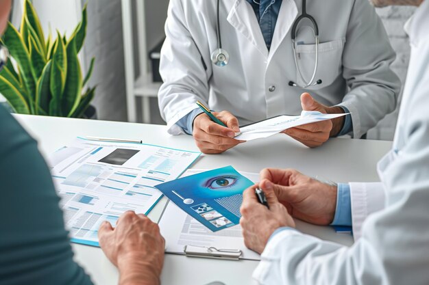 Foto optometristen besprechen augengesundheitsberichte mit patienten