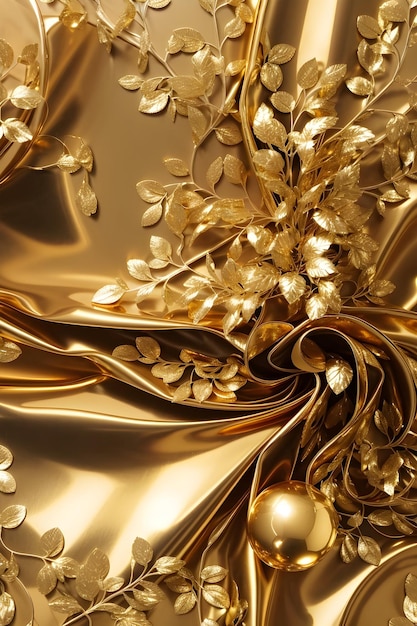 Foto opulencia dorada en intrincados patrones de tela metálica que trazan una luminosidad lujosa