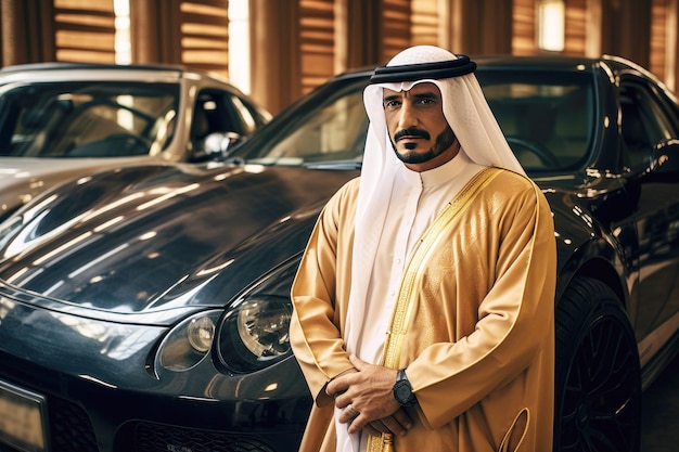 Opulência na tradição xeque árabe perto de carro de luxo no Oriente Médio