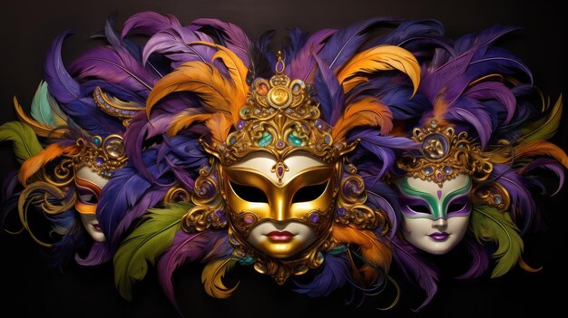 Opulent Masquerade Um Carnaval de Penas Vivas e Mística Dourada IA Generativa