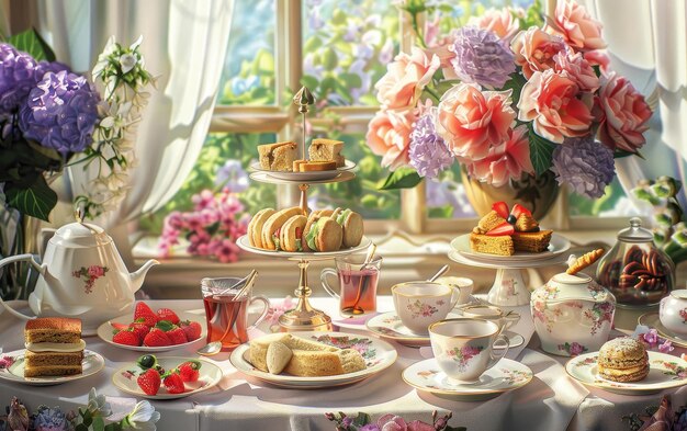 Una opulenta cena de té por la tarde con pasteles en una habitación adornada con decoración dorada cerca de una gran chimenea