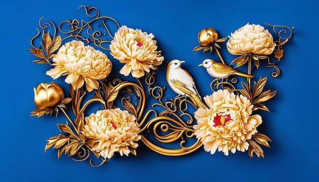 Opulenta Elegância Folha de Ouro em Azul com Peônias Pássaros e Borboletas Luxo Vintage para Têxteis