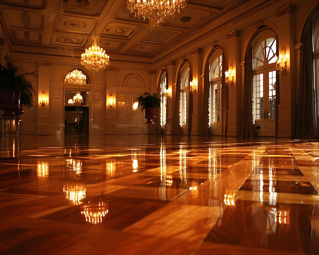 Opulenta sala de banquetes con suelo de madera