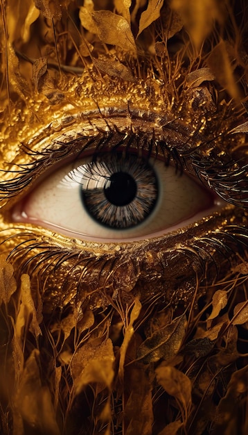 Opulenta visión Un ojo dorado surrealista en medio del lujoso ojo natural de la persona