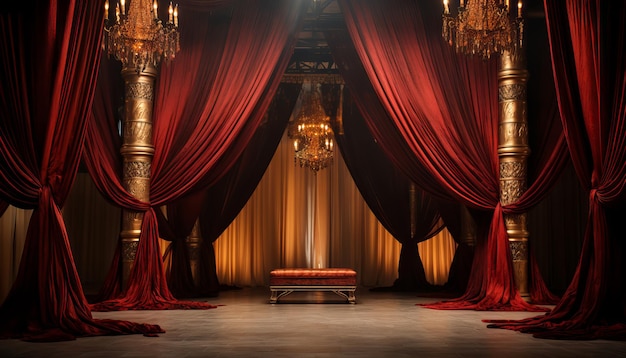Opulente Vorhänge in satten Rot- und Goldtönen ergießen sich über den Bühnenhintergrund