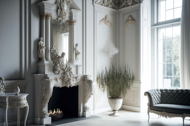 Foto opulenter lichtdurchfluteter raum im barocken design ein großer raum mit stilvoll eleganten möbeln einem kamin und blumen stuckpflanzen für die wände