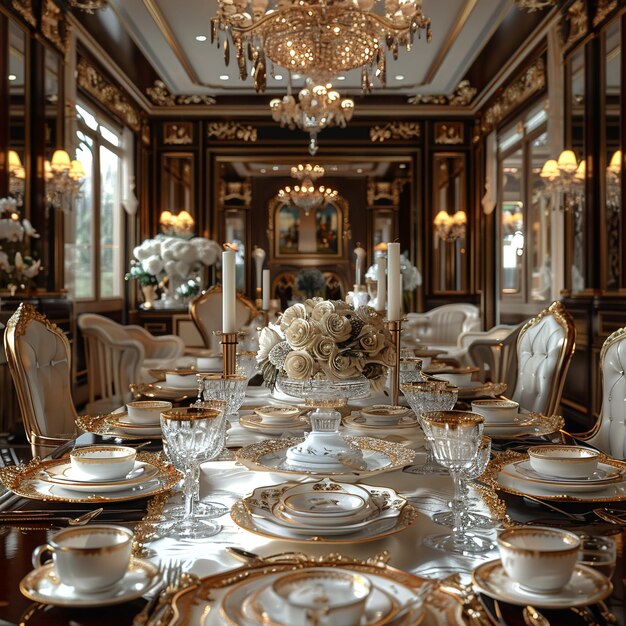 Opulenter Speisesaal mit Kristallleuchter und eleganter Tischgestaltung hyperrealistisch