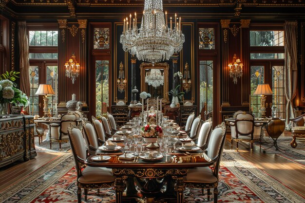 Opulento comedor con una lámpara de cristal y una elegante mesa hiperrealista