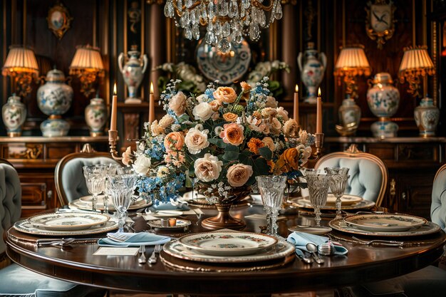 Opulento comedor con una lámpara de cristal y una elegante mesa