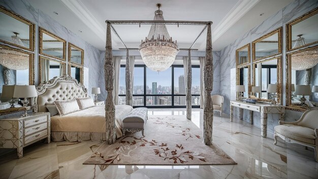 Opulento diseño de dormitorio con lujosos acabados de mármol y decoración elegante