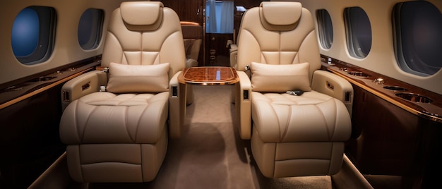 Opulento interior de avião privado mesa elegante cadeiras elegantes IA generativa