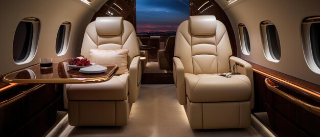 Opulento interior de avião privado mesa elegante cadeiras elegantes IA generativa