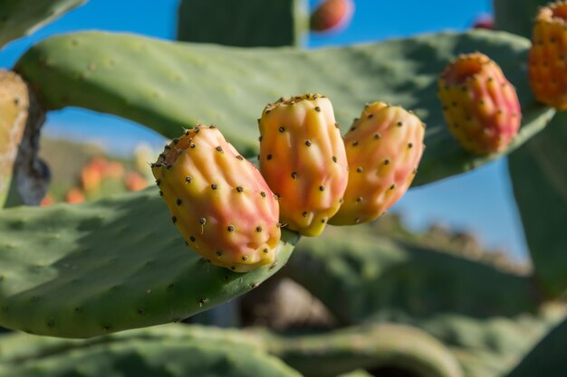 Foto opuntia pear espinhosos com frutos maduros avermelhados encontrados no campo maltês em um dia ensolarado