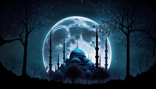 Ora bajo el encantador cielo nocturno de Blue Moon en Nature Mosque con tecnología generada por IA