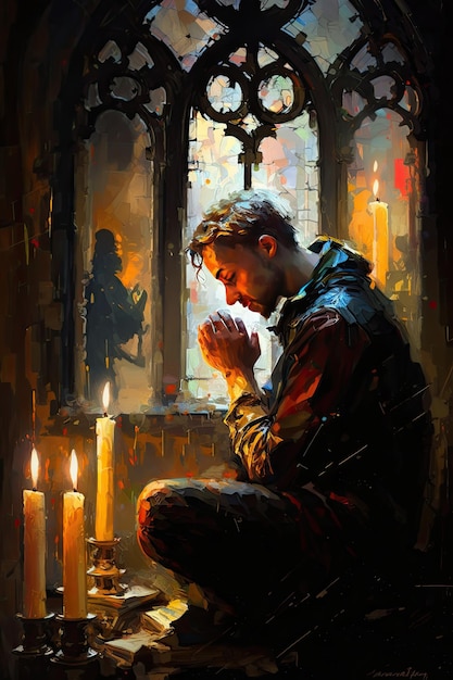 Foto oração à luz de velas em ambiente de vitral ai generativa