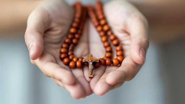 Oração afetuosa um homem em devoção silenciosa mãos apertadas em torno de uma cruz de rosário procurando consolo e espírito