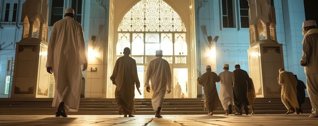 Foto oração da noite homens muçulmanos se reúnem na mesquita depois do adhan