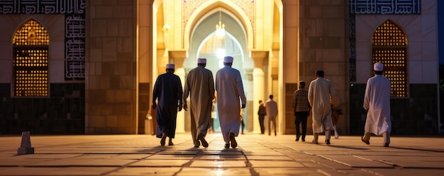 Foto oração da noite homens muçulmanos se reúnem na mesquita depois do adhan