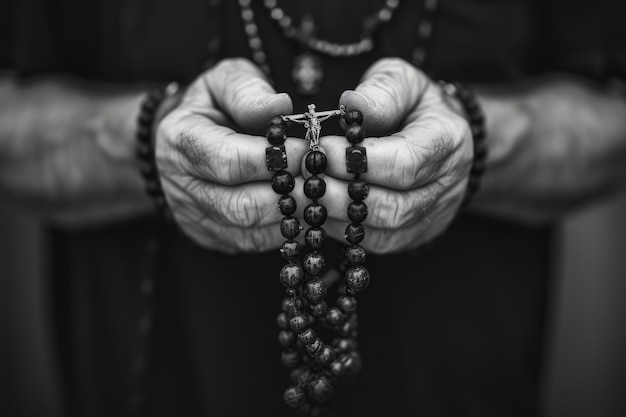 Oração de alma um homem em devoção silenciosa mãos apertadas em torno de uma cruz de rosário procurando consolo e conexão espiritual capturando a essência da contemplação serena fé e devoção religiosa