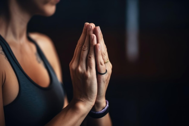 Oração de mãos e ioga com mulher para foco no bem-estar e equilíbrio na academia criada com IA generativa