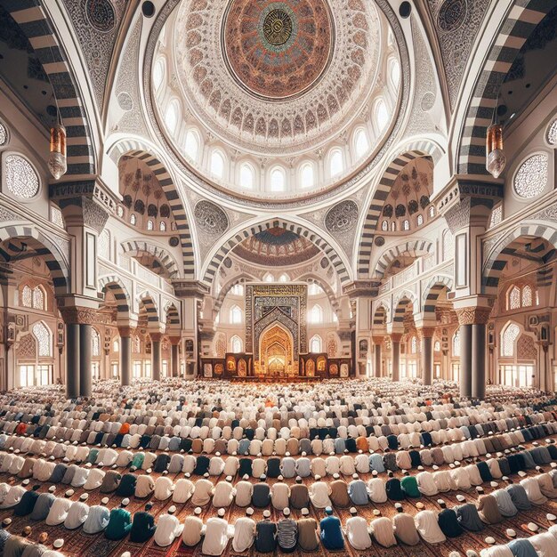 Foto oração islâmica e adoração com homens na mesquita para deus sagrado alcorão muçulmano sexta-feira fotos de fundo