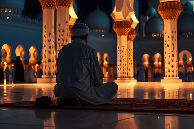 Oração muçulmana sentada em frente à mesquita na noite do Ramadã com foco seletivo imagem gerada pela rede neural