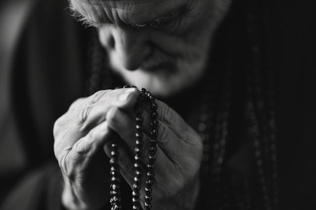 Oración conmovedora un hombre en devoción tranquila manos abrazadas alrededor de una cruz del rosario en busca de consuelo y espíritu