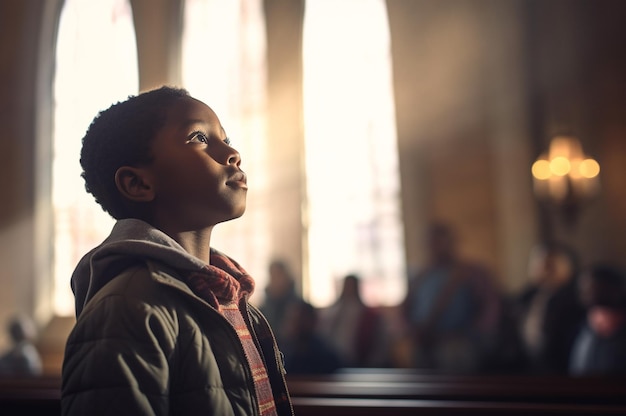 Oración cristiana y pensamiento con niño negro en la iglesia para adorar el espíritu santo y la espiritualidad.