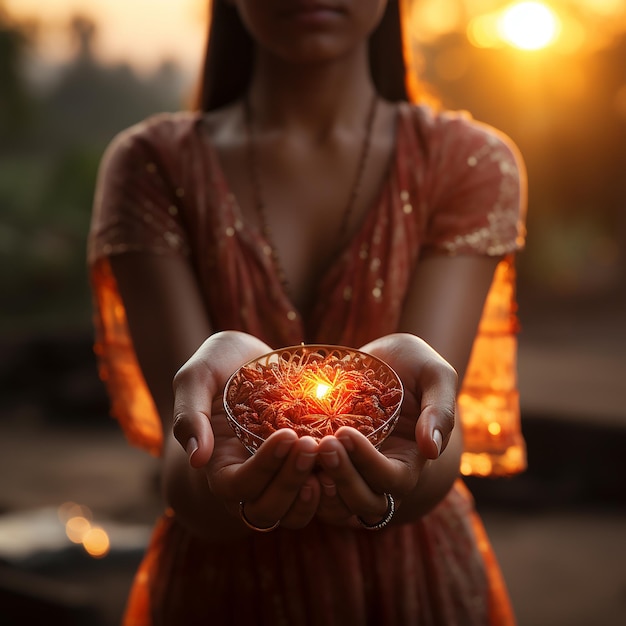 La oración espiritual de la foto entrega el brillo del sol con una hermosa puesta de sol borrosa