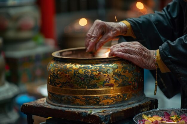 Una oración está sentada frente a un gran objeto ornamentado