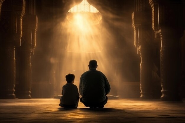 Oración islam y culto con hombre y niño en la mezquita sagrado corán y espiritualidad persona que reza en las tradiciones musulmanas orando por la fe cuidado y Ramadan kareem foto de alta calidad