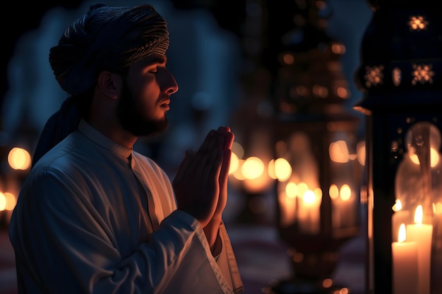 Oración musulmana sentada frente a la mezquita en la noche del Ramadán con enfoque selectivo genera redes neuronales