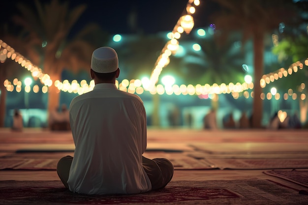 Oración musulmana sentada en la noche del Ramadán con enfoque selectivo imagen generada por la red neuronal