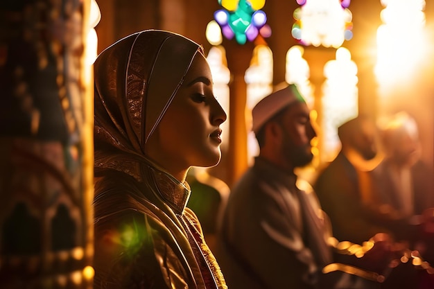 Oración serena del Ramadán en la mezquita Atmósfera sagrada y suave luz dorada