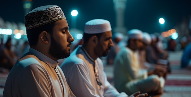 Orações muçulmanas sentadas em frente à mesquita na noite do Ramadã com foco seletivo