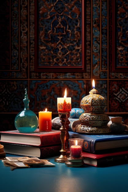 Orações muçulmanas tradicionais com uma vela e texto árabe em mesa de madeira