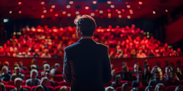 Un orador confiado da la bienvenida a la audiencia en el escenario en una conferencia de tecnología dinámica Concepto Hablar en público Confianza en la industria tecnológica Presentación dinámica Habilidades de comunicación